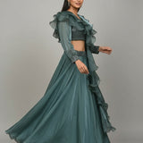 Teal Ruffled Indo-Western Gown - Sequin Embroidered Crop Top With Flowing Chiffon Skirt