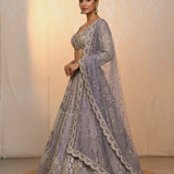 Lavender Grey Silk Lehenga Set - Intricate Jaal Pattern With Embroidered Border & Long Sleeve Dupatta