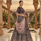 Regal Burgundy & Mauve Silk Lehenga Set - Floral Embroidered With Round Neckline & Embroidered Border Dupatta
