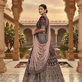 Regal Burgundy & Mauve Silk Lehenga Set - Floral Embroidered With Round Neckline & Embroidered Border Dupatta