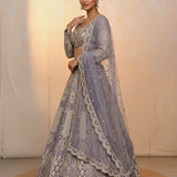 Lavender Grey Silk Lehenga Set - Intricate Jaal Pattern With Embroidered Border & Long Sleeve Dupatta