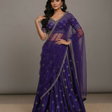 Deep Blue Silk Bridal Lehenga Set With Embroidered Net Dupatta