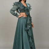 Teal Ruffled Indo-Western Gown - Sequin Embroidered Crop Top With Flowing Chiffon Skirt