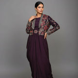 Wine Crepe Drape Anarkali Set With Embroidered Floral Jacket