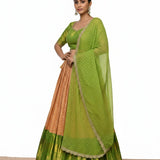 Haldi Green Silk Lehenga Set - Printed Dupatta With Peach Color Block & Embroidered Border