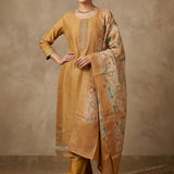 Mustard Gold Chanderi Embroidered Straight Cut Suit With Floral Dupatta