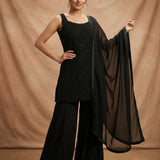 Black Georgette Embroidered Sleeveless Top With Palazzo Set
