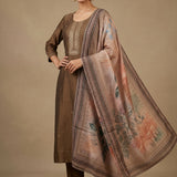 Brown Silk Blend Salwar Set With Floral Design And Embroidered Work