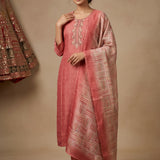 Pink Silk Blend Salwar Set With Geometric Design And Embroidered Work
