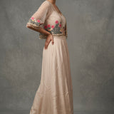 Cream Beige Linen Indo Western Crop Top With Floral Embroidered Jacket & Palazzo Set