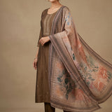 Brown Silk Blend Salwar Set With Floral Design And Embroidered Work