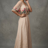 Cream Beige Linen Indo Western Crop Top With Floral Embroidered Jacket & Palazzo Set