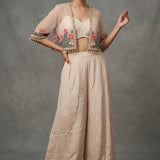 Cream Beige Linen Indo Western Crop Top With Floral Embroidered Jacket & Palazzo Set