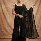 Black Georgette Embroidered Sleeveless Top With Palazzo Set