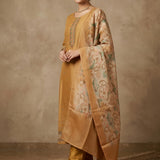 Mustard Gold Chanderi Embroidered Straight Cut Suit With Floral Dupatta