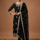 Black Georgette Embroidered Straight Cut Suit With Butti Work