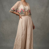 Cream Beige Linen Indo Western Crop Top With Floral Embroidered Jacket & Palazzo Set
