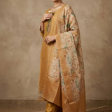 Mustard Gold Chanderi Embroidered Straight Cut Suit With Floral Dupatta
