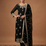 Black Georgette Embroidered Straight Cut Suit With Butti Work