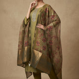 Olive Green Silk Blend Salwar Set With Floral Design And Embroidered Work