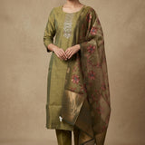 Olive Green Silk Blend Salwar Set With Floral Design And Embroidered Work