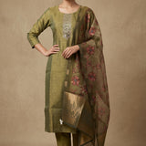 Olive Green Silk Blend Salwar Set With Floral Design And Embroidered Work
