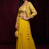 Title: Bright Golden Yellow Georgette Lehenga With Floral Printed Peplum Jacket & Gold Embroidered Border