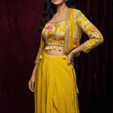 Title: Bright Golden Yellow Georgette Lehenga With Floral Printed Peplum Jacket & Gold Embroidered Border