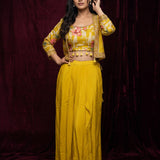 Title: Bright Golden Yellow Georgette Lehenga With Floral Printed Peplum Jacket & Gold Embroidered Border