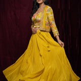 Title: Bright Golden Yellow Georgette Lehenga With Floral Printed Peplum Jacket & Gold Embroidered Border