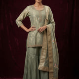 Sage Green Cotton Palazzo Set With Embroidered Round Neckline & Floral Printed Dupatta