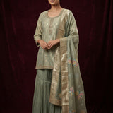 Sage Green Cotton Palazzo Set With Embroidered Round Neckline & Floral Printed Dupatta