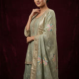 Sage Green Cotton Palazzo Set With Embroidered Round Neckline & Floral Printed Dupatta