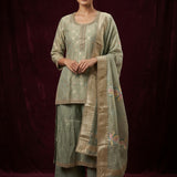 Sage Green Cotton Palazzo Set With Embroidered Round Neckline & Floral Printed Dupatta