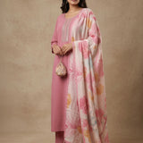 Dusty Rose Pink Cotton Straight Kurti With Embroidered Round Neckline & Watercolor Floral Dupatta