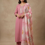 Dusty Rose Pink Cotton Straight Kurti With Embroidered Round Neckline & Watercolor Floral Dupatta