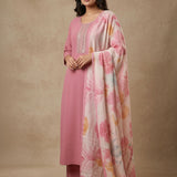Dusty Rose Pink Cotton Straight Kurti With Embroidered Round Neckline & Watercolor Floral Dupatta