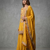 Bright Golden Yellow Cotton Palazzo Set With Embroidered Red Butti & Gold Border Dupatta