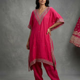 Bright Fuchsia Pink Georgette Kaftan With Embroidered V-Neckline & Straight Pant Set
