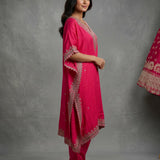 Bright Fuchsia Pink Georgette Kaftan With Embroidered V-Neckline & Straight Pant Set