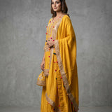 Bright Golden Yellow Cotton Palazzo Set With Embroidered Red Butti & Gold Border Dupatta