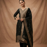 Black Silk Salwar Set With Border Highlight And Woven Work