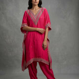 Bright Fuchsia Pink Georgette Kaftan With Embroidered V-Neckline & Straight Pant Set