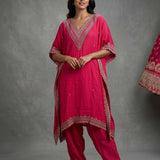 Bright Fuchsia Pink Georgette Kaftan With Embroidered V-Neckline & Straight Pant Set