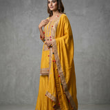 Bright Golden Yellow Cotton Palazzo Set With Embroidered Red Butti & Gold Border Dupatta