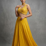 Bright Golden Yellow Silk Lehenga Choli With Beaded Choker Neckline & Striped Skirt
