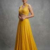 Bright Golden Yellow Silk Lehenga Choli With Beaded Choker Neckline & Striped Skirt