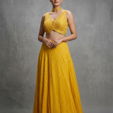 Bright Golden Yellow Silk Lehenga Choli With Beaded Choker Neckline & Striped Skirt