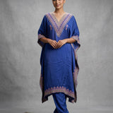 Deep Royal Blue Cotton Kaftan With Gold Embroidered V-Neckline & Churidar Set