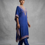 Deep Royal Blue Cotton Kaftan With Gold Embroidered V-Neckline & Churidar Set